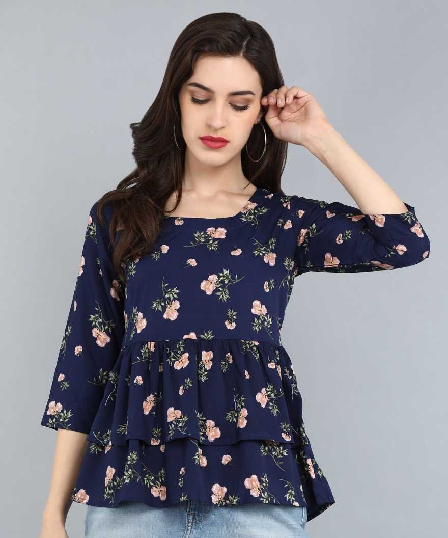 Navy Blue Floral Peplum Top