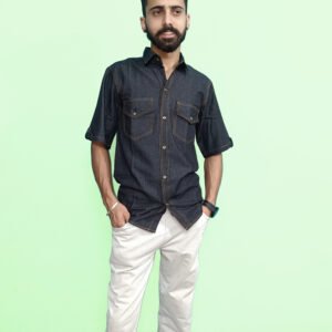 Men's Solid Casual Black Shirt with Spread Collar