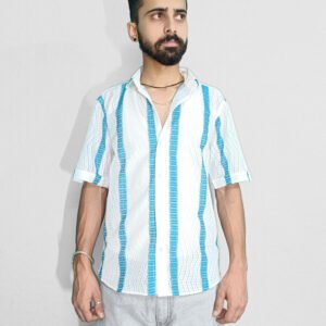 Men's Solid Striped Casual Blue Half Sleeve Shirt