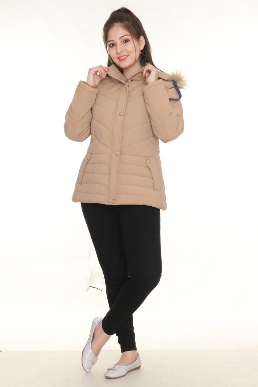 Women's Beige Quilted Puffer Jacket with Faux Fur Hood - Premium Winter Coat