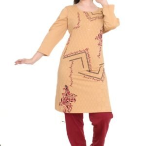 Women's Beige Embroidered Kurti with Red Traditional Motifs - Designer Cotton Tunic