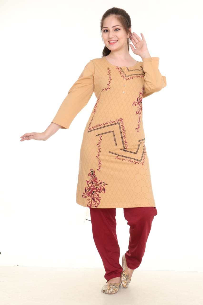 Women's Beige Embroidered Kurti with Red Traditional Motifs - Designer Cotton Tunic