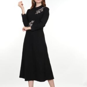 Premium Black Embroidered Midi Dress - Sophisticated Long Sleeve Formal Wear