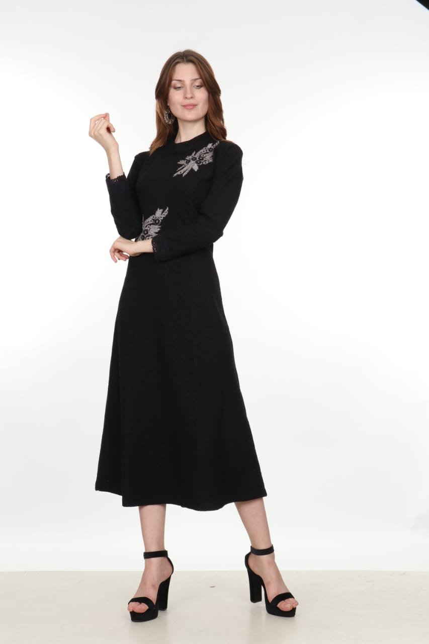 Premium Black Embroidered Midi Dress Sophisticated Long Sleeve Formal Wear