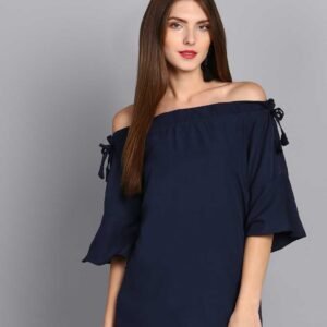 Premium Navy Blue Off-Shoulder Top with Bow Tie Sleeves - Feminine Casual Elegance