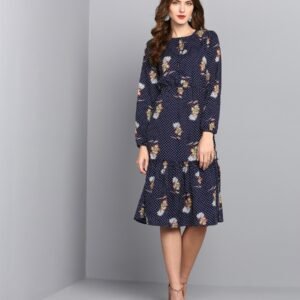 Premium Navy Blue Floral Polka Dot Midi Dress - Sophisticated Long Sleeve Design