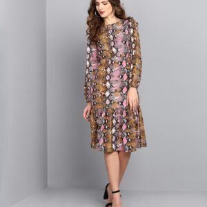 Women's Long Sleeve Snake Print Midi Dress - Fashion Forward Animal Print Dress
