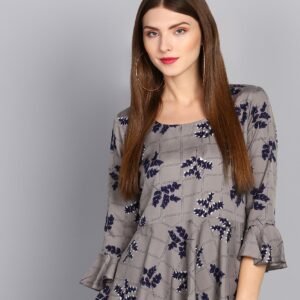 Women's Grey Floral Peplum Top with Bell Sleeves - Navy Blue Print Blouse with Geometric Pattern