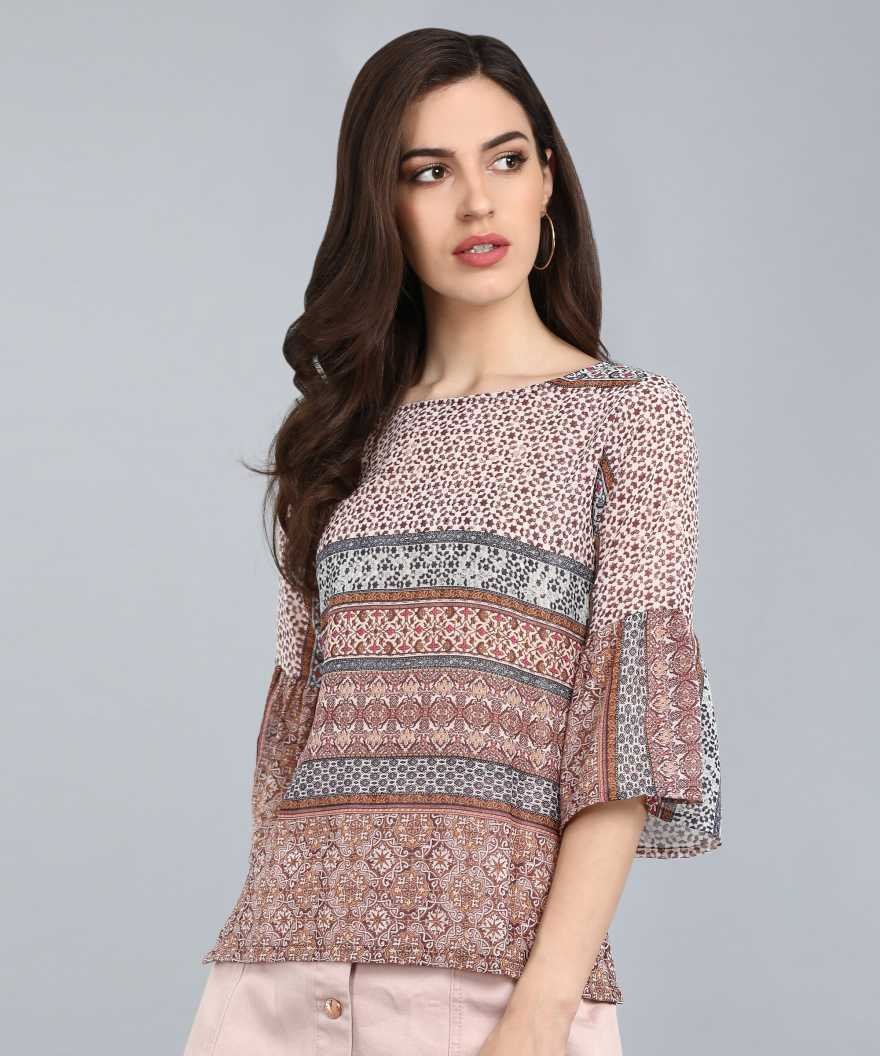 Bohemian Mixed Print Bell Sleeve Blouse