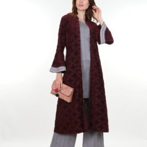 Women's Burgundy Long Coat Set with Matching Pants - Elegant 2-Piece Outfit with Decorative Trim