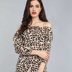 Bold Leopard Print Off-Shoulder Top with Elastic Neckline