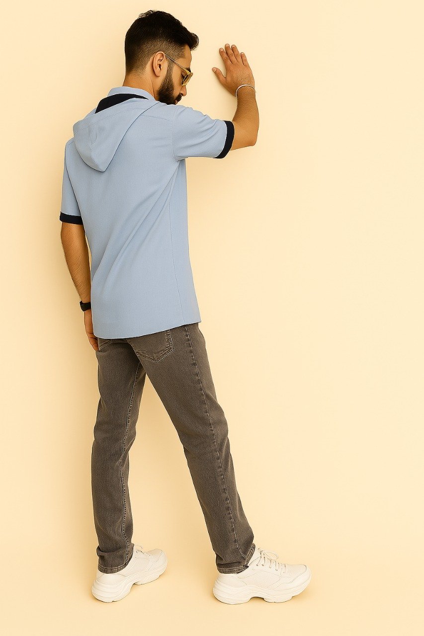 Trapout Men's Light Blue Denim Casual Shirt - Half Sleeve with Removable Hood Cap - Image 2