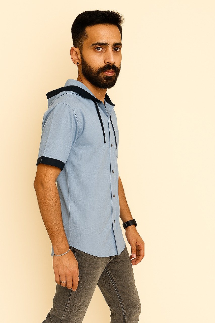 Trapout Men's Light Blue Denim Casual Shirt - Half Sleeve with Removable Hood Cap - Image 3