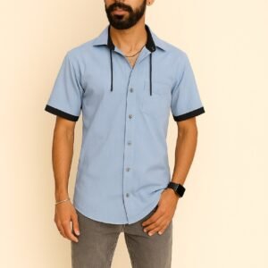 Trapout Men's Light Blue Denim Casual Shirt - Half Sleeve with Removable Hood Cap