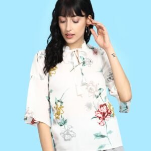 White Floral Tie-Neck Blouse with 3/4 Sleeves