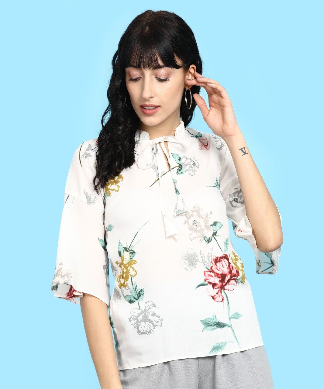 White Floral Tie-Neck Blouse with 3/4 Sleeves