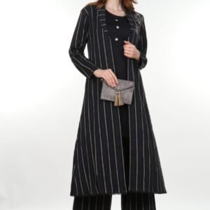 Premium Black Striped Long Coat & Palazzo Pants Set - Sophisticated Women's Formal Wear