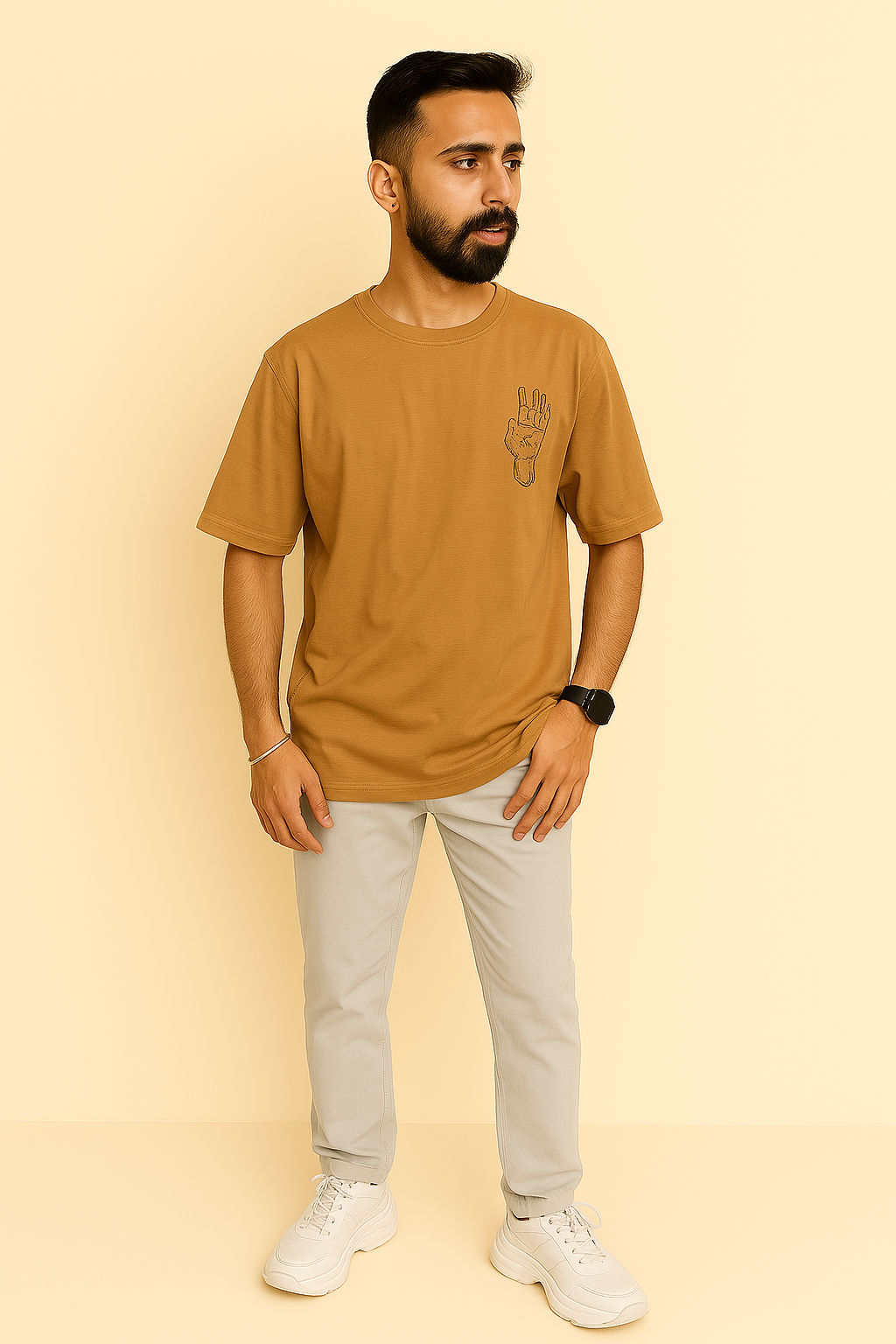 Trapout Men's Yellow Pure Cotton Printed T-Shirt - Geometric Design Round Neck Casual Wear