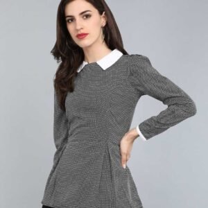 Women's Elegant Textured Peplum Top with White Collar Detail - Long Sleeve Professional Blouse