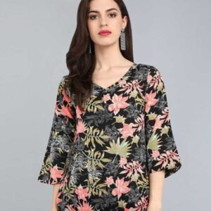 Women's Tropical Floral Print V-Neck Top - 3/4 Sleeve Summer Blouse with Lace Trim